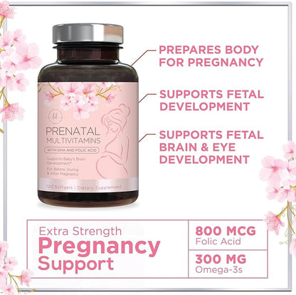 Prenatal Vitamins for Women - Prenatal Multivitamin with Folic Acid & Omega 3 DHA Fetal Development Support - Pregnancy Vitamin Supplement with, Vitamin A, C, D, B6, B12 & Iron - 120 Softgels
