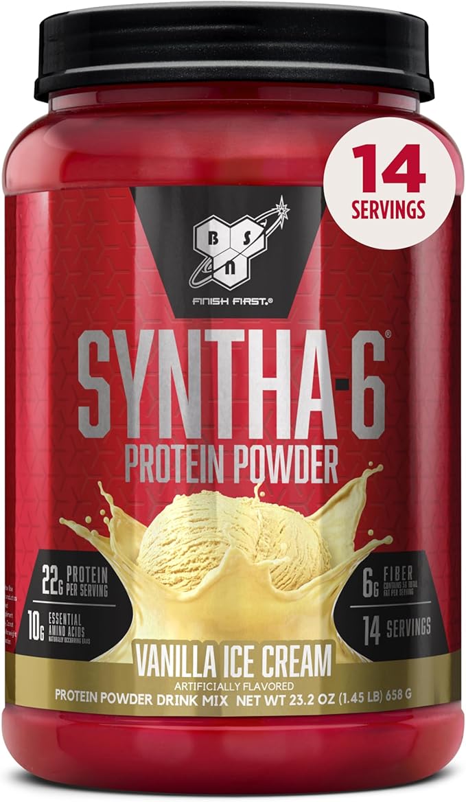 BSN SYNTHA-6 Premium Protein Powder with 6g of Fiber, Whey Isolate, Micellar Casein, Milk Protein Isolate, 5g of Fat, Vanilla Ice Cream, 14 Servings, 1.45 Pound (Packaging May Vary)