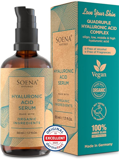 Organic Hyaluronic Acid Serum for Face | Best Hyaluronic Acid (Oligo) + 4 Hyaluronic Sizes - Highly Dosed | Hydrating Serum - Aging-Aging Moisturizer – Fragrance-Free | Made in Germany