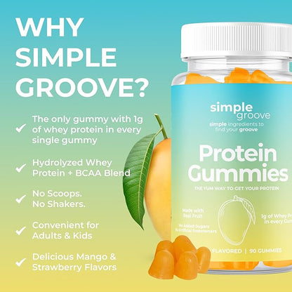 simple groove Protein Gummies|1g Whey Protein per Gummy | 90 Count | Healthy Snacks | Essential Amino Acids | Healthy Gummy Candy | Gummies for Women Men Kids