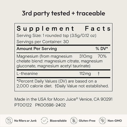 Moon Juice Magnesi-Om Magnesium Powder Supplement - Chelated Magnesium Complex + L-Theanine Blend for Rest, Relaxation & Regularity - Vegan, Non-GMO & No Sugar, Unflavored, 3.9 oz, 30 Sevings