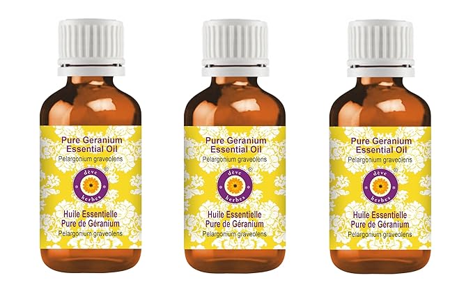 Deve Herbes Pure Geranium Essential Oil (Pelargonium graveolens) Steam Distilled (Pack of Three) 100ml X 3 (10oz)
