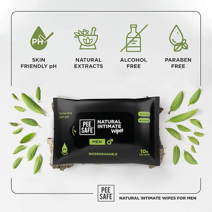 Pee Safe Intimate Wipes for Men, Biodegradable, pH balanced - 40 Wipes (Pack of 4)