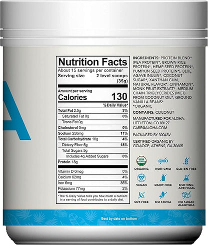 ALOHA Organic Plant Based Protein Powder, Stevia Free, Vanilla, 19.6 oz, 15 Servings PACKAGING MAY VARY