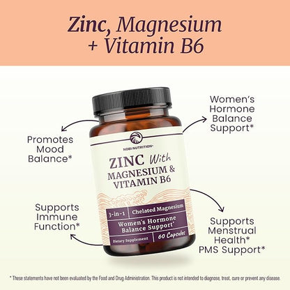 Zinc and Magnesium Supplement with Vitamin B6 | Women’s Hormone Balance, Menstrual Cycle & Immune Support | High Absorption Chelated Magnesium Glycinate with Zinc Picolinate and VIT B6 | 60 Ct