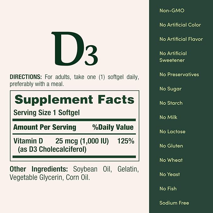 Nature's Bounty Vitamin D3 Vitamin Supplement, Supports Immune System and Bone Health, 1000IU, 120 Softgels