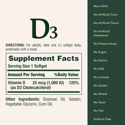 Nature's Bounty Vitamin D3 Vitamin Supplement, Supports Immune System and Bone Health, 1000IU, 120 Softgels