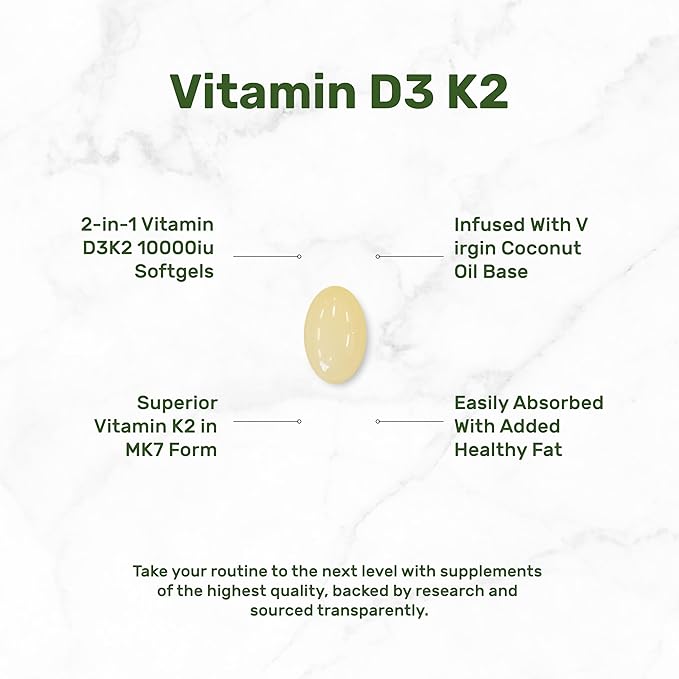 DEAL SUPPLEMENT Vitamin D3 10,000 IU + K2 MK7 200mcg Softgels, 250 Count | 2-in-1 Complex with Virgin Coconut Oil | Easy to Swallow