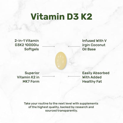 DEAL SUPPLEMENT Vitamin D3 10,000 IU + K2 MK7 200mcg Softgels, 250 Count | 2-in-1 Complex with Virgin Coconut Oil | Easy to Swallow