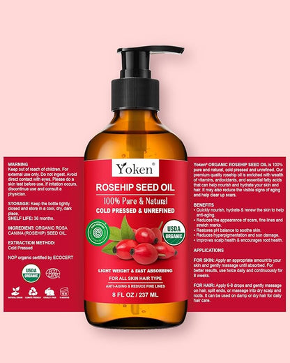 Yoken Rosehip Seed Oil Organic, USDA Certified 100% Pure Rosehip Oils for Skin & Hair, 8 fl oz Cold Pressed Rose Hip Oil for Full Body Care, Moisturizing, Gua Sha, Massage, Carrier Oil