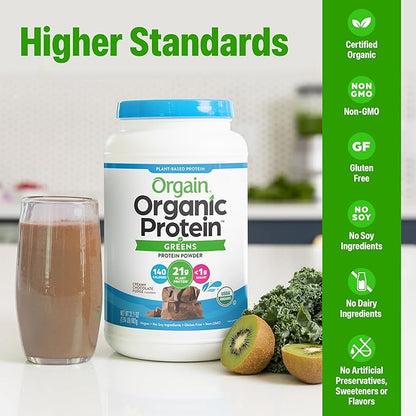 Orgain Organic Vegan Protein Powder + Greens, Creamy Chocolate Fudge - 21g Plant Based Protein, Gluten Free, Dairy & Lactose Free, Soy Free, No Sugar Added, Iron & Prebiotics for Gut Health - 1.94lb