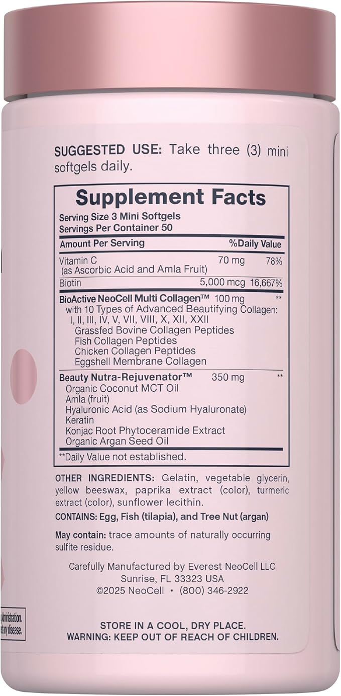 NeoCell Hair Skin and Nails Vitamins with Collagen | 150 Softgels | Advanced Bio-Peptides with Keratin & Hyaluronic Acid | Beauty Complex Supplement