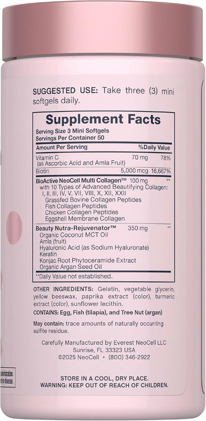 NeoCell Hair Skin and Nails Vitamins with Collagen | 150 Softgels | Advanced Bio-Peptides with Keratin & Hyaluronic Acid | Beauty Complex Supplement