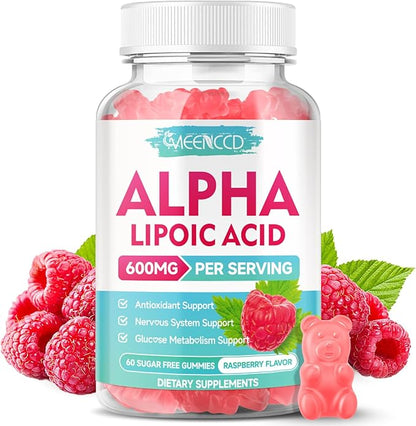 MEENCCD Alpha Lipoic Acid Gummies 600mg - ALA Supplement for Antioxidant Support, Vegan, Sugar-Free, Raspberry Flavor, 60 Count