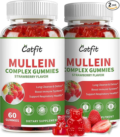 Catfit Mullein Gummies for Lungs Detox &Lymphatic Drainage,Mullein Leaf Extract,Quercetin&Elderberry for Respiratory & Immune Support,Vegan, Strawberry Flavor, 120 Gummies