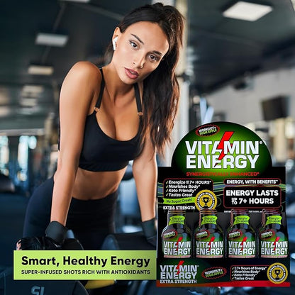 Vitamin Energy Workout+ Extra Strength Energy Shot Sour Apple 24 Pack, 260mg Natural Caffeine, Pre-Workout, B-Vitamins, Minerals, Endurance & Performance, Zero Sugar, Gluten-Free, Vegan, 1.93 fl oz