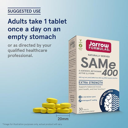 Jarrow Formulas SAMe Supplement 400 mg - 30 Tablets - High Concentration of Active S,S Form - Supports Joint Health, Liver Function, Brain Metabolism, Balanced Mood & Antioxidant Defense - 30 Servings