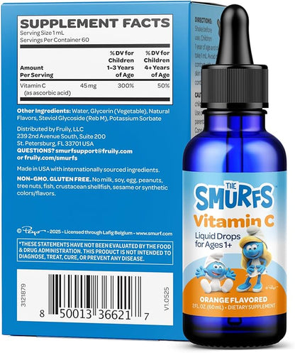 Smurfs Liquid Vitamin C for Kids Immune Support | High Strength Kids Vitamin C Drops | Ages 1 & Up | Vegan Non-GMO & No Artificial Flavors or Colors | No Added Sugar | Orange Flavor | 60 Servings