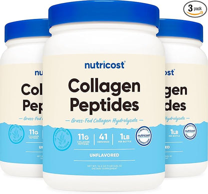 Nutricost Pure Collagen Hydrolysate (Bovine) Powder (3 Pack) - Grass Fed Bovine Collagen, 1LB Each