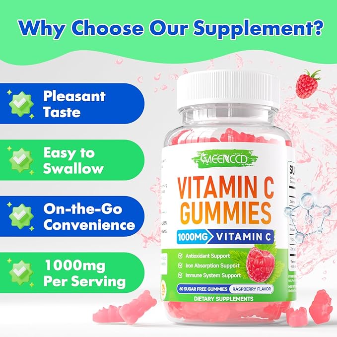 MEENCCD 2 Pack Vitamin C Gummies for Adults, Chewable Vitamin C Gummies with Zinc for Antioxidant Support, Vegan, Non-GMO, Sugar-Free, Raspberry Flavor, 120 Count