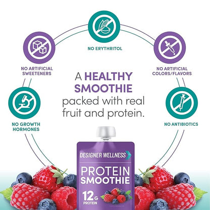 Designer Wellness Protein Smoothie, Real Fruit, 12g Protein, Low Carb, Zero Added Sugar, Gluten-Free, Non-GMO, No Artificial Colors or Flavors, Mixed Berry, 24 Count