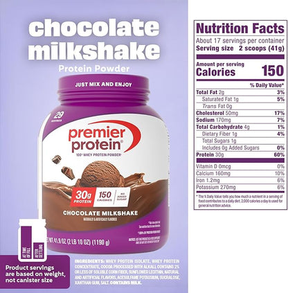 Premier Protein Powder, Chocolate Milkshake, 30g Protein, 1g Sugar, No Soy, Gluten Free, 41.9oz (29 Servings)