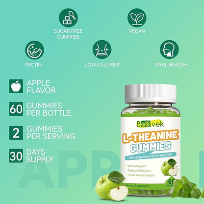 L Theanine Gummies,L-Theanine 400mg with GABA,Magnesium Glycinate Chewable Supplement for Kids & Adults,Stress Relief,Restful and Relaxation Support,Apple Flavor,Vegan Sugar Free 60 Counts