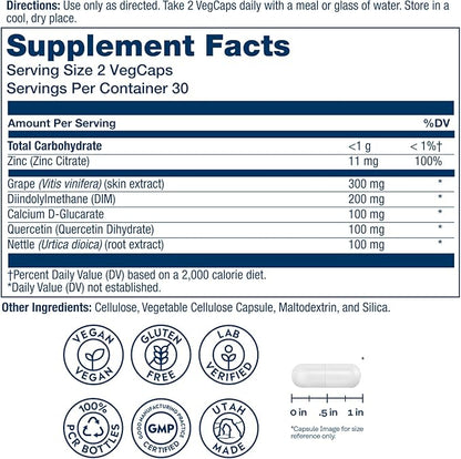 SOLARAY DIM Supplement for Men - Clinically Studied DIM 200mg Supports Hormone Balance - Plus Zinc and Quercetin - Vegan, Gluten Free, 60 Day Money-Back Guarantee - 30 Servings, 60 VegCaps