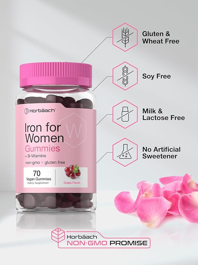 Horbäach Iron Gummies for Women | 70 Count | Grape Flavor | Supplement with B Vitamins Folate and Zinc | Vegan, Non-GMO & Gluten Free
