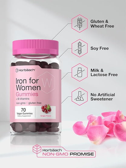 Horbäach Iron Gummies for Women | 70 Count | Grape Flavor | Supplement with B Vitamins Folate and Zinc | Vegan, Non-GMO & Gluten Free