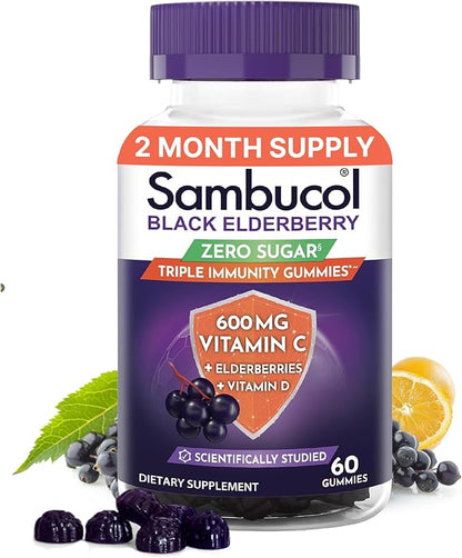 Sambucol Black Elderberry Zero Sugar Triple Immunity Gummies - Daily Vitamin C & Vitamin D, Sugar Free Black Elderberry Gummies for Adults and Kids, Chewable Berry Supplement - 60 Count