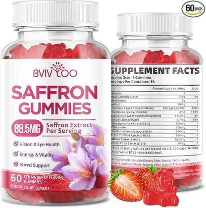 Saffron Gummies for Adult Kids, 10-IN-1 Formula with Saffron 88.5mg, Vitamins D3 & B6, Magnesium, Zinc, Ashwagandha, L-Theanine, St. John's Wort - Supports Mood & Focus, Strawberry Flavor, 60 Count