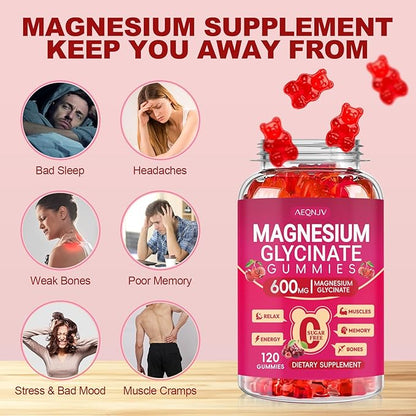 Magnesium Glycinate Gummies 600mg for Women and Men, High Absorption Magnesium Glycinate with Vitamin D, B6, and CoQ10 for Calm Support & Sleep, Sugar Free, Vegan, 120 Count