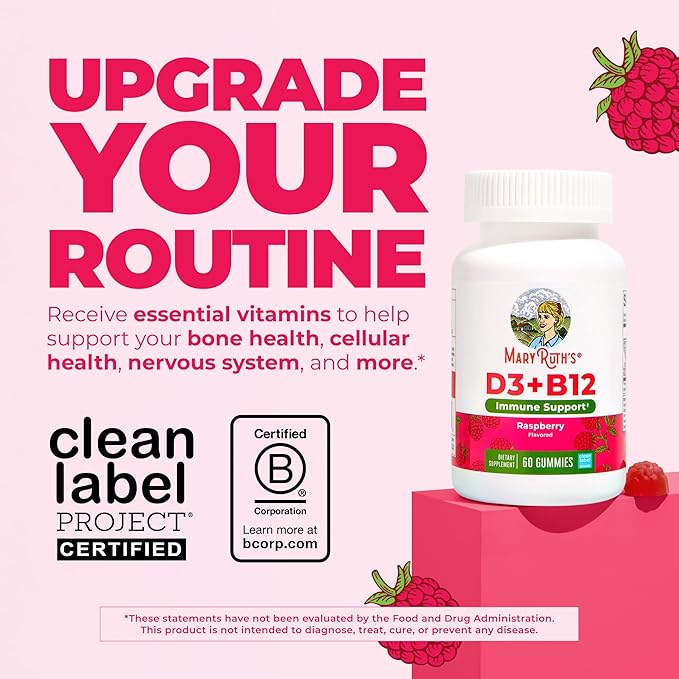 MARYRUTH'S Vitamin D3 + B12 Gummies for Ages 4+ | Sugar Free | Bone Health | Immune Support | Energy Metabolism | Cognitive Function | Vegan | Non-GMO | Gluten Free | 60 Servings | 2 Month Supply