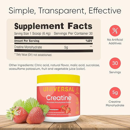 Universal U Creatine Monohydrate for Women - Flavored Creatine Powder, Female Strength, Energy, Lean Muscle Support and Recovery Supplement, No Bloat, No Bulk, 5g Per Serving, 30 Servings, Strawberry