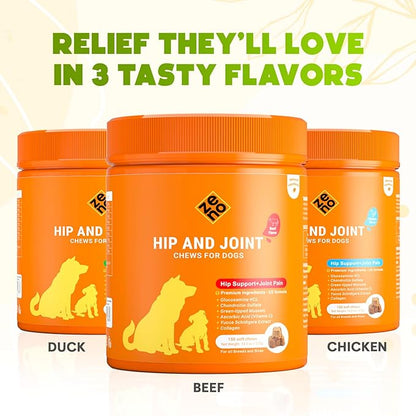 ZENO Glucosamine HCL & Hip and Joint Chews for Dogs - 150 pcs - Advanced Hip and Joint Support for Dogs - with MSM & Green Lipped Mussel - Beef