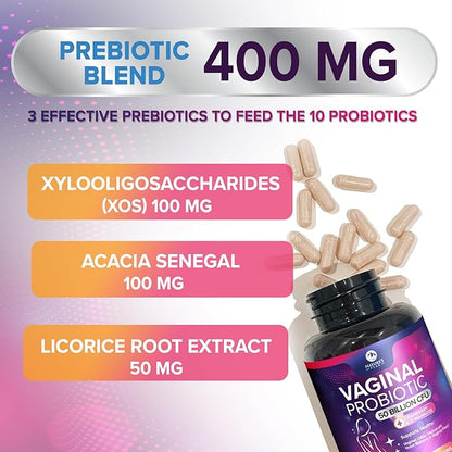 Vaginal Probiotics for Women pH Balance with Prebiotics - 50 Billion CFU - 10 Unique Feminine Strains, Cranberry & D-Mannose for Women's Probiotic Vag Health, Supplement Bottled in USA - 60 Capsules