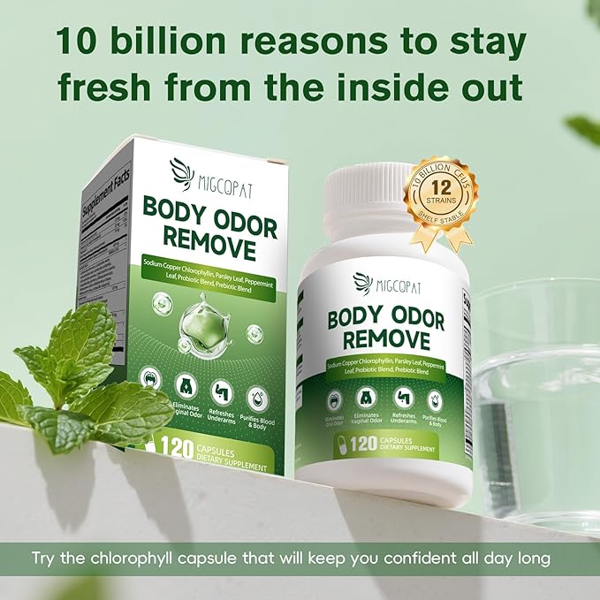 Chlorophyll Body Deodorizing Supplement 2 Pack, Chlorophyll Capsules with Parsley & Peppermint, Probiotic, Green Tea, Jerusalem Artichoke, Prebiotic, Supports Fresh Breath & Whole-Body Freshness