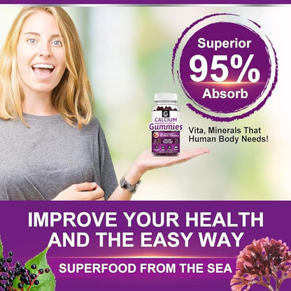 Calcium Magnesium Zinc Gummies with High Absorption Magnesium Glycinate 300mg, Potassium - Plant Complex Calcium Magnesium 2:1 Ratio, with D3 Sea Moss for Bone, Immune & Sleep Support, Vegan-1 Pack