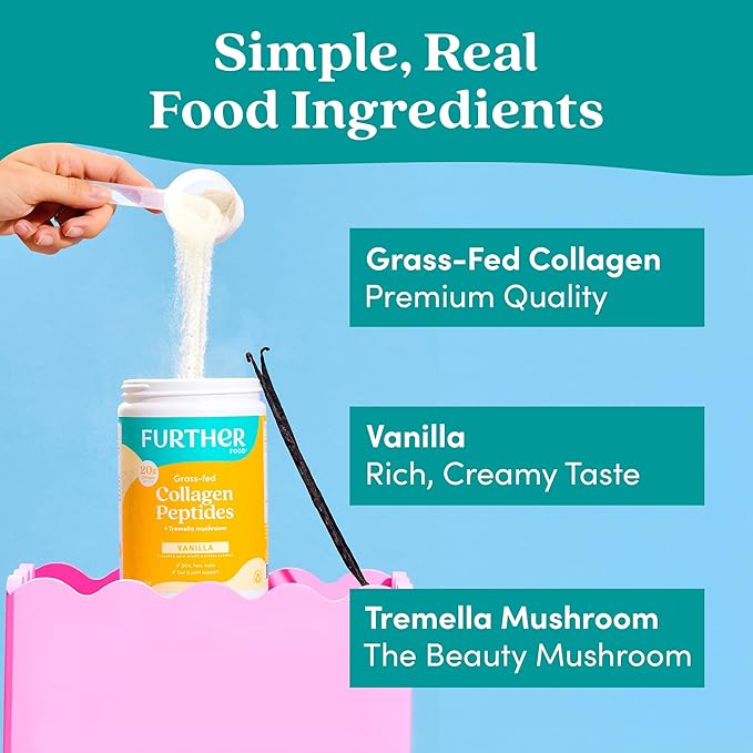 Further Food Vanilla Collagen Peptides Powder with Tremella Mushroom – 100% Grass-Fed, Hydrolyzed Type 1 & 3, 20g of Collagen per Serving, Supports Skin, Hair, Nails & Joints, 10.37 Oz
