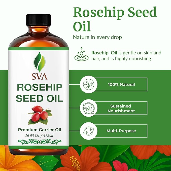 SVA Rosehip Seed Oil - 16 Fl Oz – 100% Natural & Cold Pressed - for Face, Skin Care, Hair Care, Scalp Massage & Body Massage – Carrier Oil with Dropper