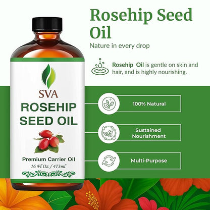 SVA Rosehip Seed Oil - 16 Fl Oz – 100% Natural & Cold Pressed - for Face, Skin Care, Hair Care, Scalp Massage & Body Massage – Carrier Oil with Dropper
