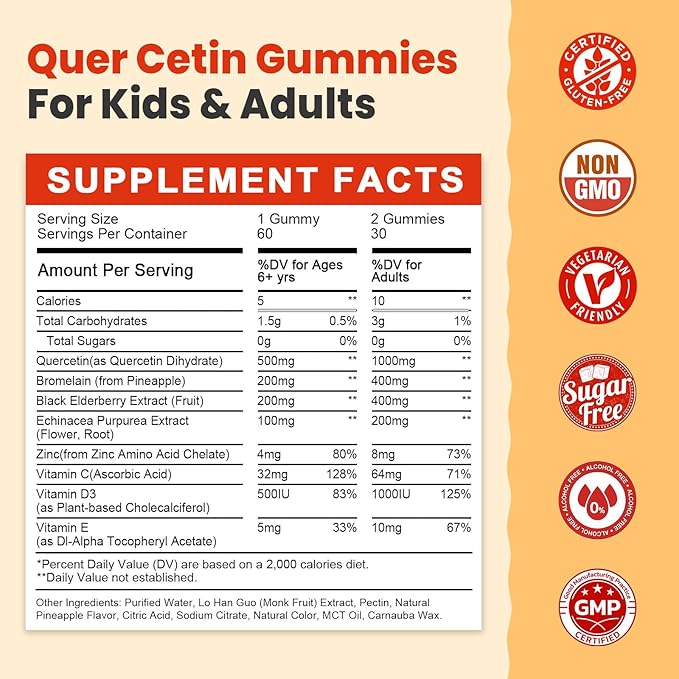 Sugar Free Quercetin with Bromelain Gummies for Kids & Adult - Immune, Antioxidant, Seasonal Support, 1000mg Quercetin Supplements with Bromelain, Zinc, Elderberry, Vitamin C D3 E, Vegan, 60 Count