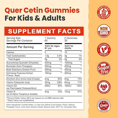 Sugar Free Quercetin with Bromelain Gummies for Kids & Adult - Immune, Antioxidant, Seasonal Support, 1000mg Quercetin Supplements with Bromelain, Zinc, Elderberry, Vitamin C D3 E, Vegan, 60 Count