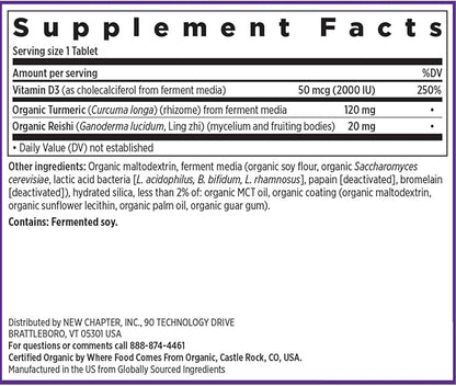 New Chapter Fermented Vitamin D3 2,000 IU, Organic, ONE Daily for Immune, Heart & Bone Support + Whole-Food Turmeric, Adaptogenic Reishi Mushroom, 100% Vegetarian, Gluten Free, 60 Count