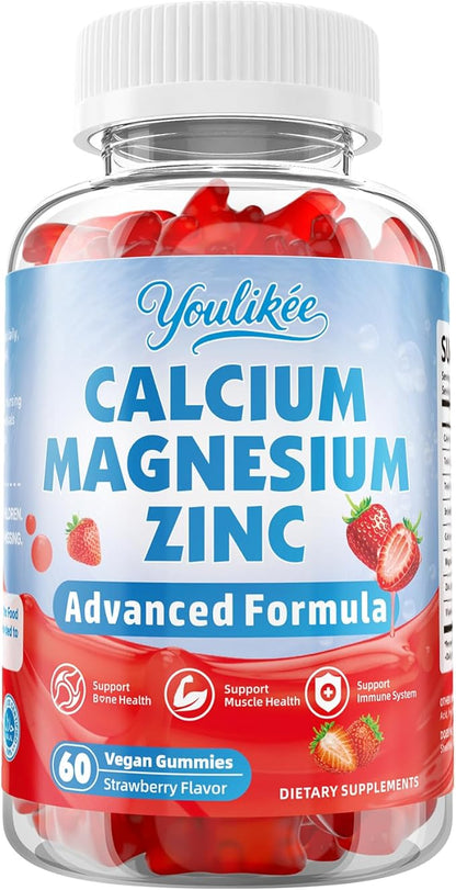 Calcium Magnesium Zinc Gummies for Adult, Calcium Citrate with Vitamin D3, High Absorption Calcium Magnesium Supplement for Women & Men, Sugar-Free, Strawberry Flavor, 60 Count