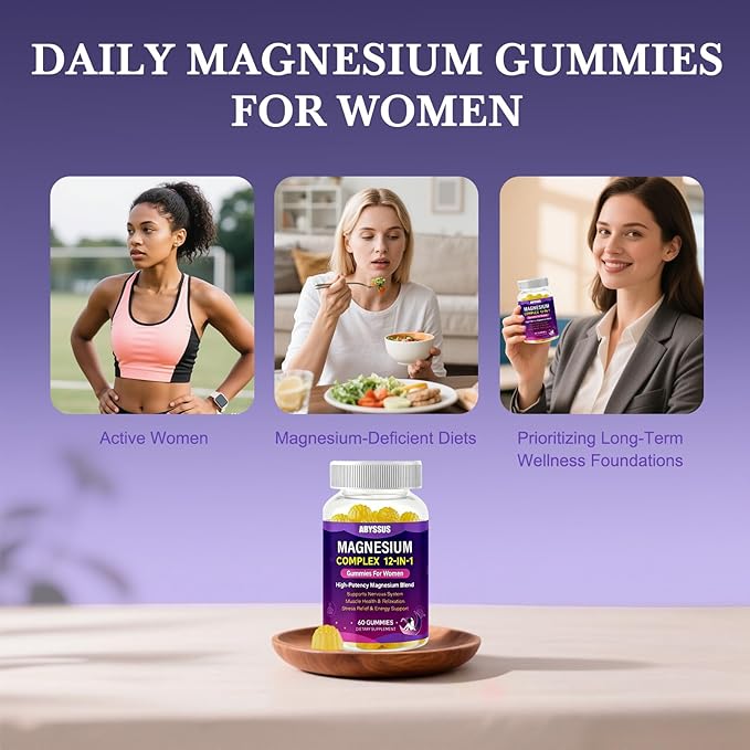 ABYSSUS Magnesium Complex Gummies for Women, Stress & Relaxation Support & Daily Well-Being with 12-in-1 Magnesium & Ashwagandha L-Theanine, 60 Gummies