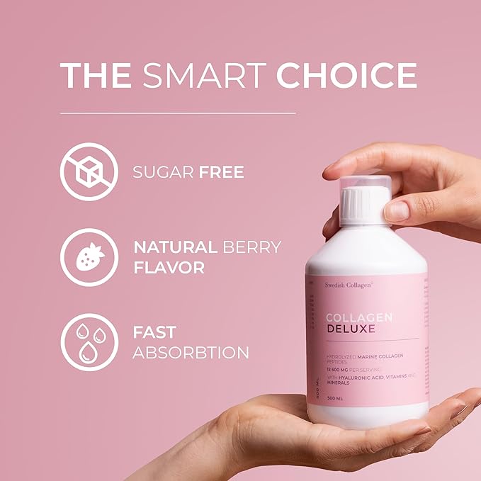 Swedish Collagen Deluxe | 12,500 mg Hydrolyzed Marine Collagen Liquid Supplement - 3 x 500 ml (1,500 ml in Total), 60 Day Supply | Hyaluronic Acid, Biotin & Vitamin C for Hair, Skin, Nails & Joints