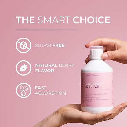Swedish Collagen Deluxe | 12,500 mg Hydrolyzed Marine Collagen Liquid Supplement - 3 x 500 ml (1,500 ml in Total), 60 Day Supply | Hyaluronic Acid, Biotin & Vitamin C for Hair, Skin, Nails & Joints