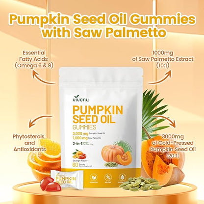 Organic Pumpkin Seed Oil Gummies,Cold Pressed Pumpkin Seed Oil with Saw Palmetto Gummies,for Prostate Health,BPH Support,Hair & Bladder Control - Non-GMO,Sugar-Free